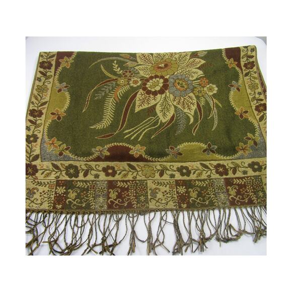 Olive Green Floral Knit Tassel Scarf Wrap Cover Accessories Leaf Elegant Boho - Picture 1 of 5